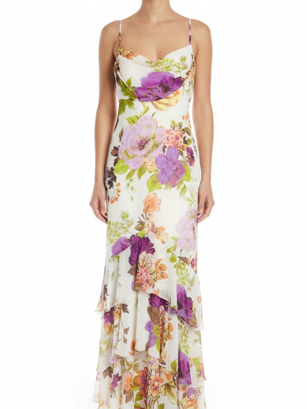 Floral Tiered Maxi Slip Dress in White with Purple & Green Print